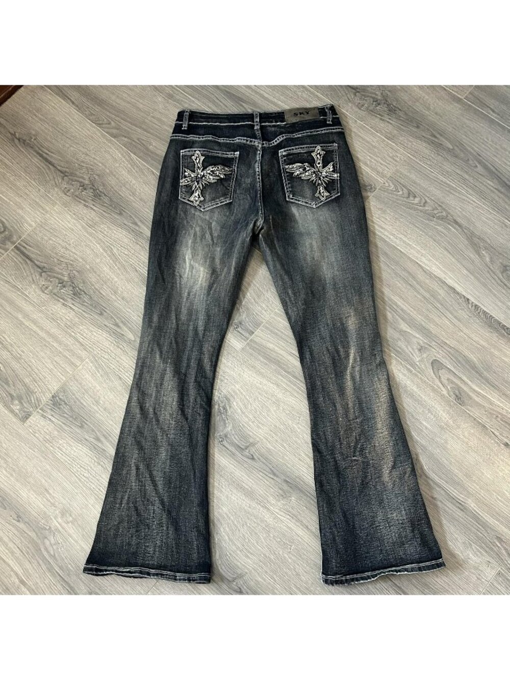 Sky Premium Jeans Womens 13 Black Flare Stretch Y2K Rhinestone Cross Pockets